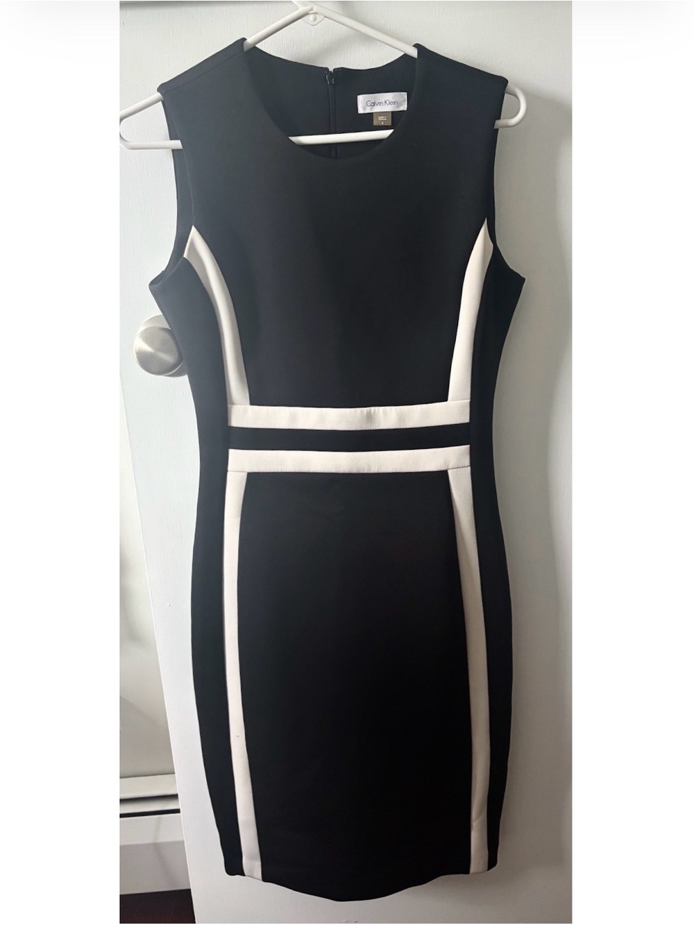 Calvin Klein Black and White Colorblock Midi Sheath Dress